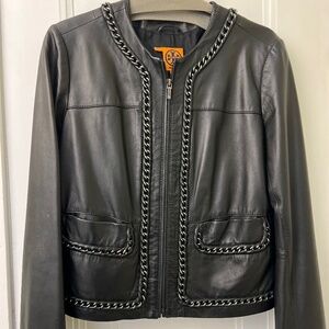 Tory Burch black leather jacket with chain detail